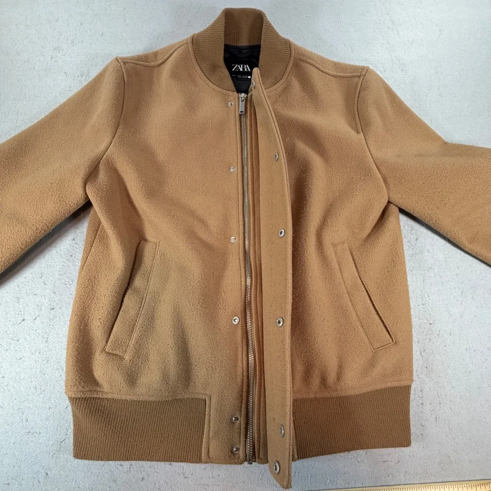 Zara Mens Bomber Jacket Camel Brown Fleece Full Zip Snap Front Large